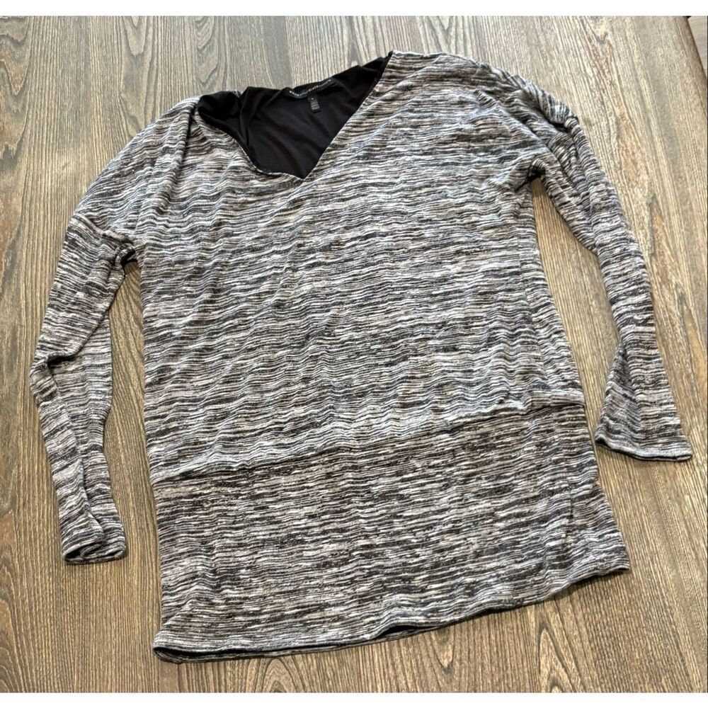 White House Black Market Womens Long Sleeve Top V-Neck Heather Gray Black Size L